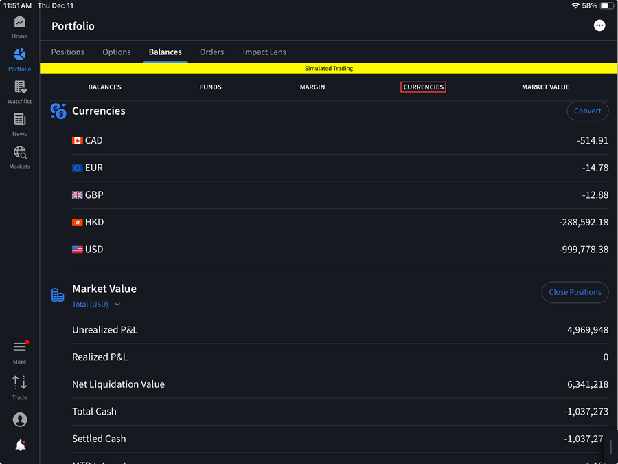 The currencies tab on the ipad. 